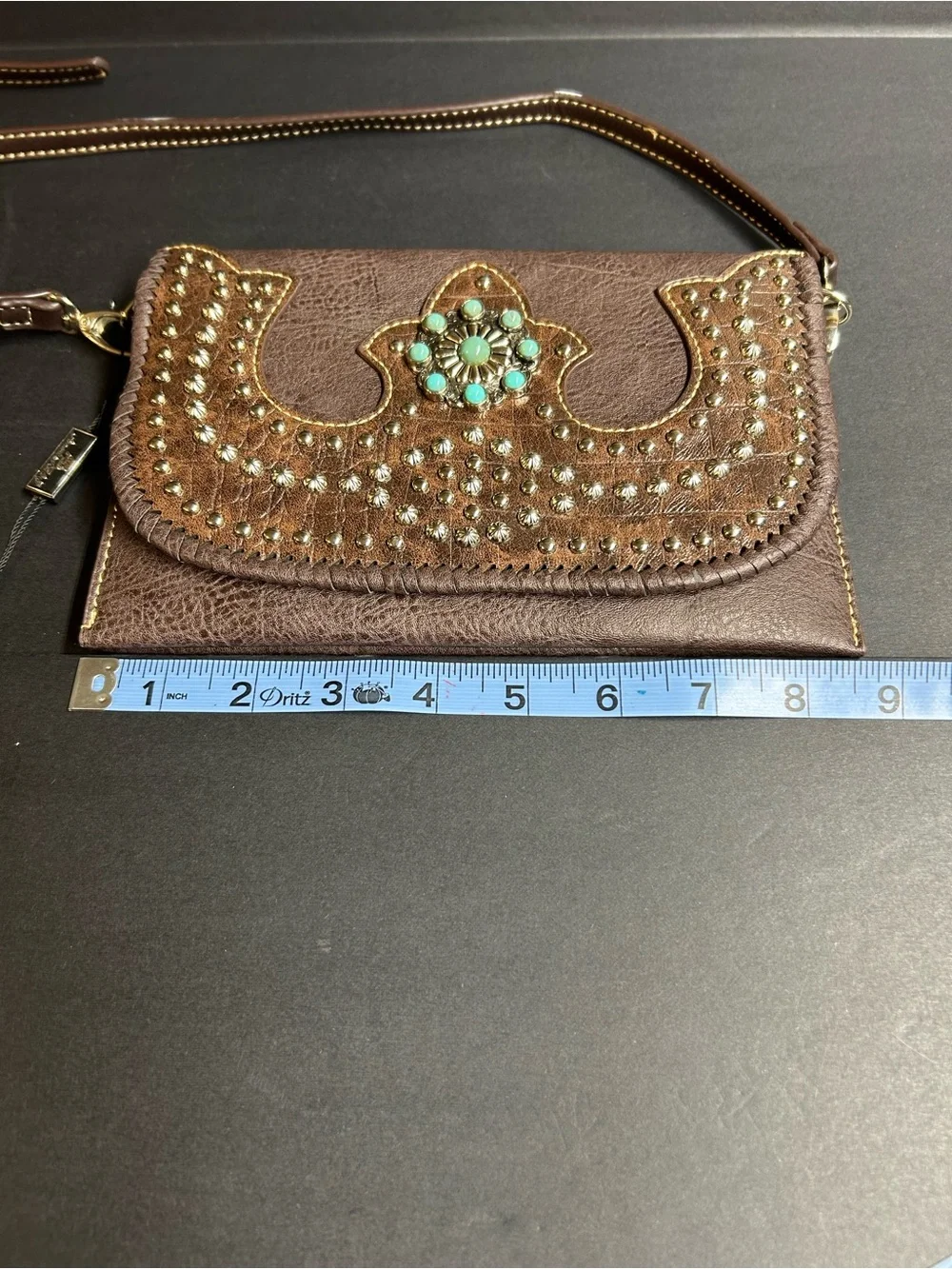NWT American Bling Brown Studded Crossbody‎ Bag with Turquoise Accent